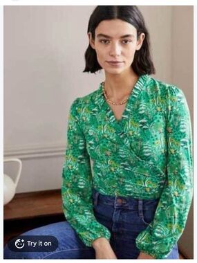 Boden Green Floral Ruched Wrap Top  Size US 8